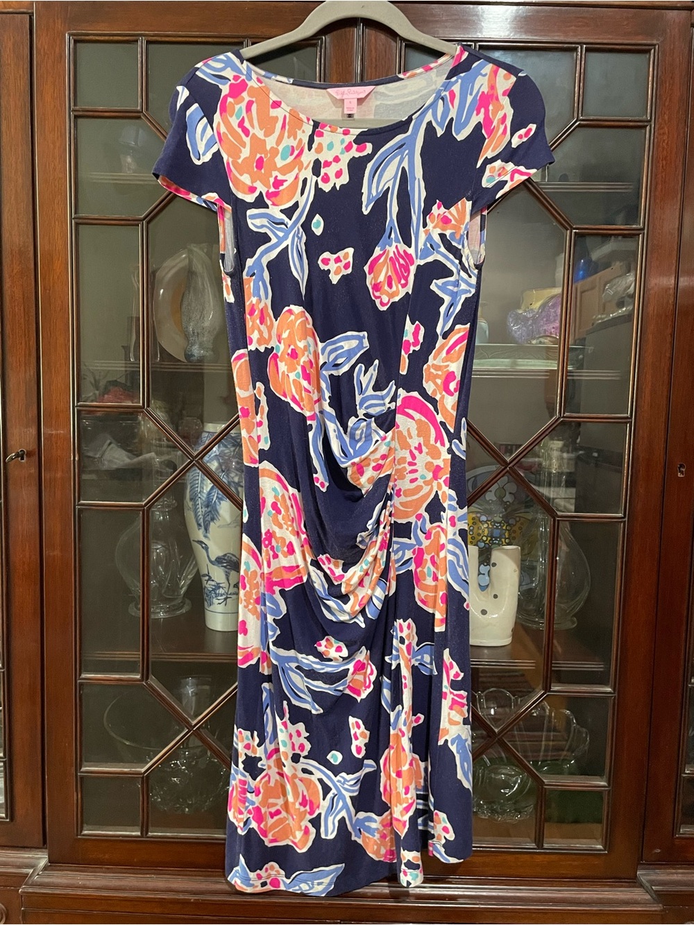 Lilly Pulitzer Navy Midi Dress with Pink & Coral Floral Print Comfortable